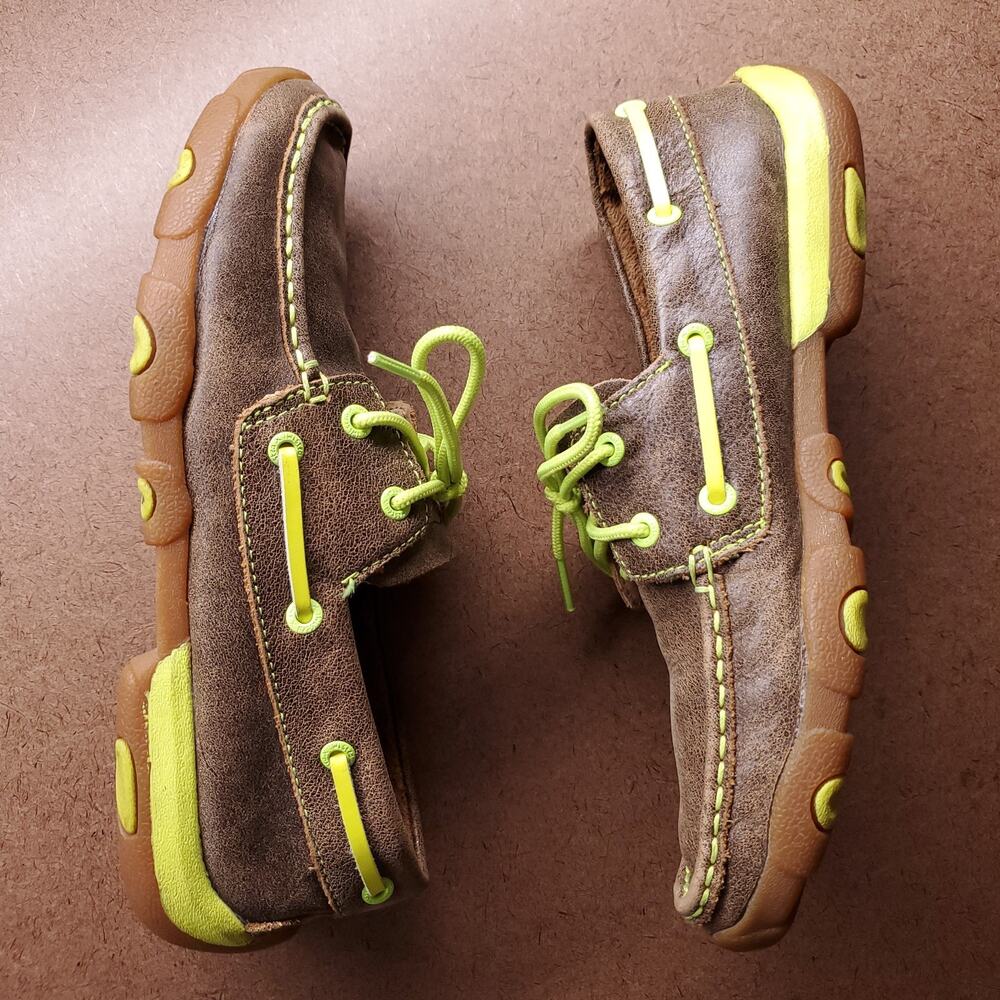 Twisted X Driving Mocs Women 8.5M Brown Leather Neon Yellow WDM0010 Boat Shoe - Picture 2 of 8